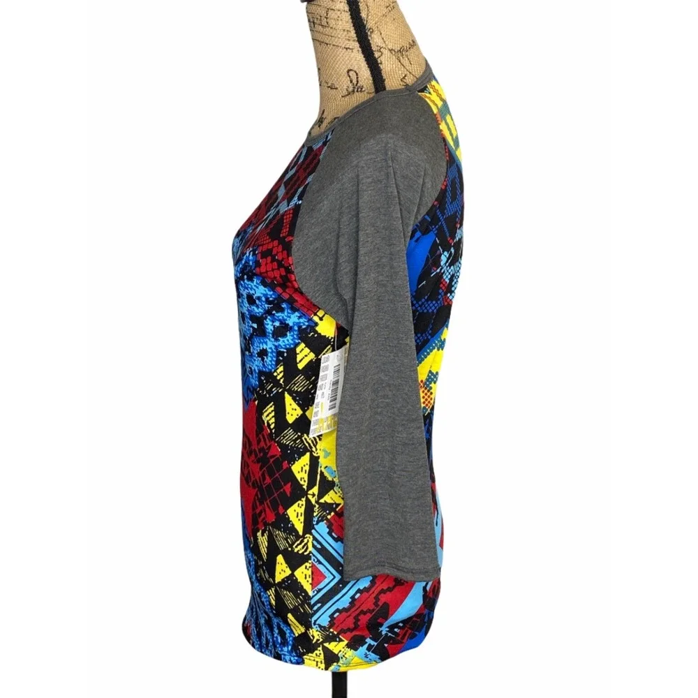 LuLaRoe Randy Baseball Tee XXS Gray Raglan 3/4 Sleeve Geometric Patchwork NWT